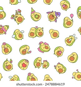 Kawaii cute avocado with funny faces. Seamless pattern. Cartoon happy food characters. Hand drawn style. Vector drawing. Design ornaments.