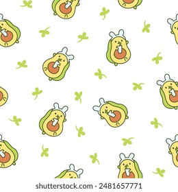 Kawaii cute avocado with funny faces. Seamless pattern. Cartoon happy food characters. Hand drawn style. Vector drawing. Design ornaments.