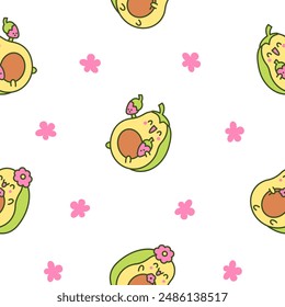 Kawaii cute avocado with funny faces. Seamless pattern. Cartoon happy food characters. Hand drawn style. Vector drawing. Design ornaments.