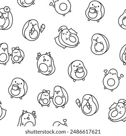 Kawaii cute avocado with funny faces. Seamless pattern. Coloring Page. Cartoon happy food characters. Hand drawn style. Vector drawing. Design ornaments.