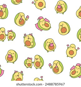 Kawaii cute avocado with funny faces. Seamless pattern. Cartoon happy food characters. Hand drawn style. Vector drawing. Design ornaments.