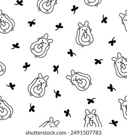 Kawaii cute avocado with funny faces. Seamless pattern. Coloring Page. Cartoon happy food characters. Hand drawn style. Vector drawing. Design ornaments.