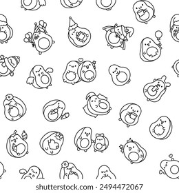 Kawaii cute avocado with funny faces. Seamless pattern. Coloring Page. Cartoon happy food characters. Hand drawn style. Vector drawing. Design ornaments.