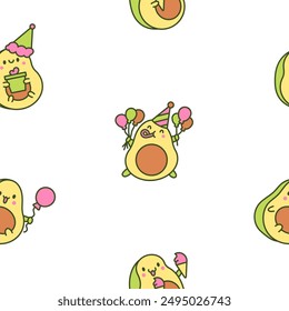 Kawaii cute avocado with funny faces. Seamless pattern. Cartoon happy food characters. Hand drawn style. Vector drawing. Design ornaments.