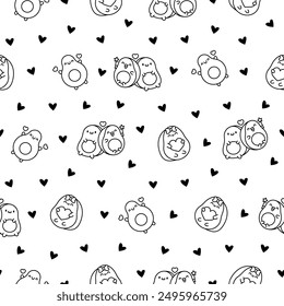 Kawaii cute avocado with funny faces. Seamless pattern. Coloring Page. Cartoon happy food characters. Hand drawn style. Vector drawing. Design ornaments.
