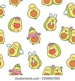 Kawaii süße Avocado mit lustigen Gesichtern. Nahtloses Muster. Cartoon Happy-Food-Figuren. Handgezeichneter Stil. Vektorgrafik. Gestalten Sie Ornamente.