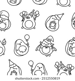 Kawaii cute avocado with funny faces. Seamless pattern. Coloring Page. Cartoon happy food characters. Hand drawn style. Vector drawing. Design ornaments.