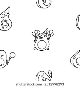 Kawaii cute avocado with funny faces. Seamless pattern. Coloring Page. Cartoon happy food characters. Hand drawn style. Vector drawing. Design ornaments.