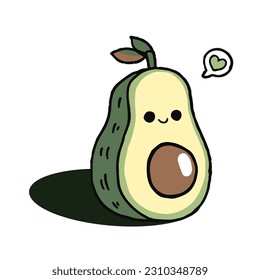 Kawaii cute avocado with a smile like a cartoon. Hand drawing character design avocado on white background 