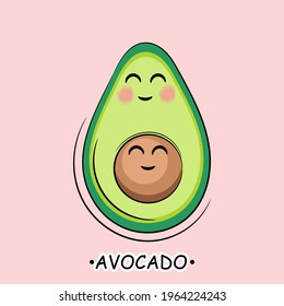 kawaii cute avocado with smile, vector illustration