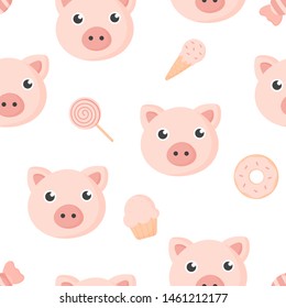 kawaii cute baby pig and candy sweet desserts seamless pattern for kids. animal on white background. illustration vector.