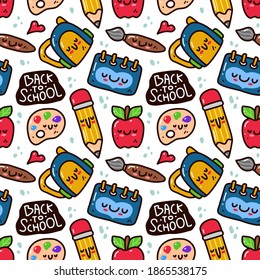 kawaii cute Back to school seamless pattern in doodle style. Can use for fabric etc.