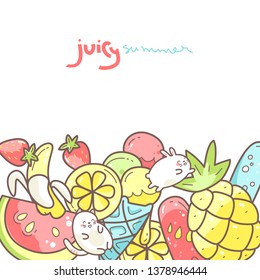 Kawaii cute background with summer sweet food, ice-cream, fruits and funny characters jumping between desserts. Vector illustration.