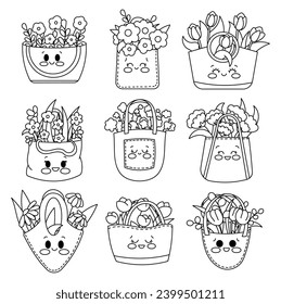 Kawaii cute bag with flowers, leaves and branches. Coloring Page. Fresh bouquet. Spring mood. Hand drawn style. Vector drawing. Collection of design elements.