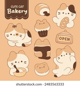 Kawaii linda panadería con colección de pegatina de personaje de gato