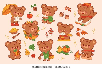Urso bonito Kawaii. Cartoon animal de outono. Engraçado outono temporada ursos da floresta personagem no suéter com abóbora, guarda-chuva, folhas, cogumelos. Feliz tidy adesivo de nota sazonal. Conjunto de vetores.