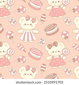 Kawaii lindo oso rosa pastel caramelo niños sin patrón