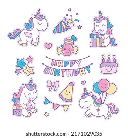 Kawaii   Cute Birthday Unicorns Sticker Clipart Set
