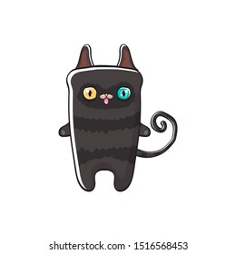 kawaii cute black grumpy cat isolated on white background. Cartoon happy black witch kitten with big color eyes 