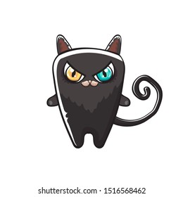 kawaii cute black grumpy cat isolated on white background. Cartoon happy black witch kitten with big color eyes 