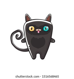 kawaii cute black grumpy cat isolated on white background. Cartoon happy black witch kitten with big color eyes 
