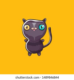 kawaii cute black halloween cat isolated on orange background. Cartoon happy black witch kitten with big eyes 