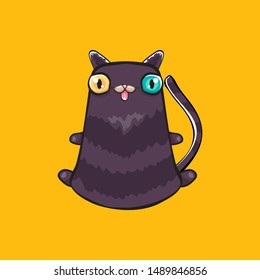 kawaii cute black halloween cat isolated on orange background. Cartoon happy black witch kitten with big eyes 