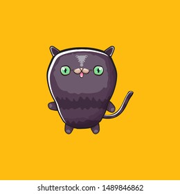 kawaii cute black halloween cat isolated on orange background. Cartoon happy black witch kitten with big eyes 