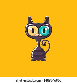 kawaii cute black halloween cat isolated on orange background. Cartoon happy black witch kitten with big eyes 