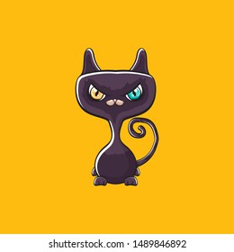 kawaii cute black halloween cat isolated on orange background. Cartoon happy black witch kitten with big eyes 