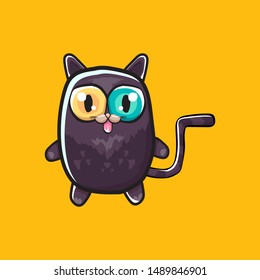 kawaii cute black halloween cat isolated on orange background. Cartoon happy black witch kitten with big eyes 