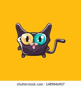 kawaii cute black halloween cat isolated on orange background. Cartoon happy black witch kitten with big eyes 