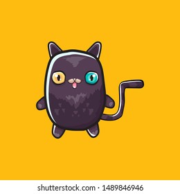 kawaii cute black halloween cat isolated on orange background. Cartoon happy black witch kitten with big eyes 