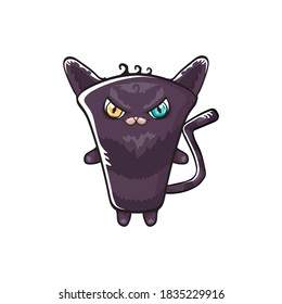 kawaii cute black Halloween cat isolated on white background. Cartoon happy black witch kitten with big eyes 