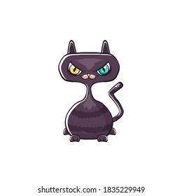 kawaii cute black Halloween cat isolated on white background. Cartoon happy black witch kitten with big eyes 