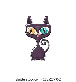 kawaii cute black Halloween cat isolated on white background. Cartoon happy black witch kitten with big eyes 