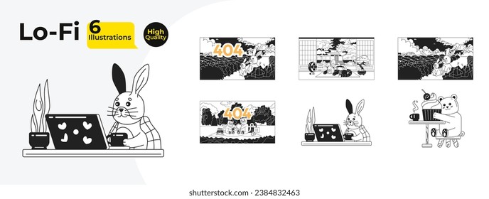 Kawaii cute black and white lofi wallpapers bundle. Bear cupcake, panda sleeping, rabbits field, picnic party 2D outline characters cartoon flat illustration collection. Vector line lo fi backgrounds