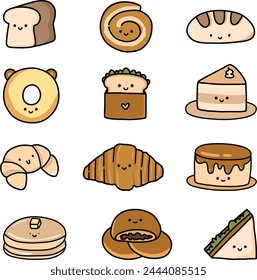 Kawaii Cute Bread Emoticon set Illustration Vector