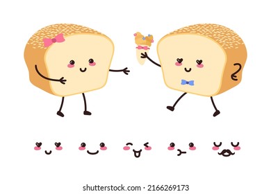 Kawaii cute bread mascot character vector illustration. Funny happy smiling sourdough. Flat cartoon with emoji emotion. bakery, children, draw.