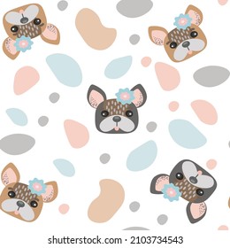 Kawaii Cute bulldog seamless pattern. Isolated cartoon vector illustration.