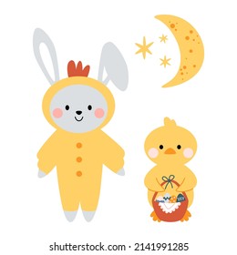Kawaii cute bunny, rabbit a chicken costume and chicken, duckling with moon and stars. Happy Easter. Charming clipart for postcards, prints, banners, templates, social media, web.