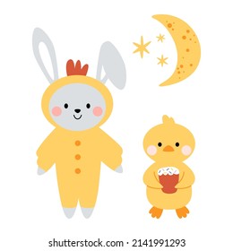 Kawaii cute bunny, rabbit a chicken costume and chicken, duckling with moon and stars. Happy Easter. Charming clipart for postcards, prints, banners, templates, social media, web.