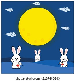 kawaii cute bunny rabbit mid autumn moon cake festival vector design illustration  line art background