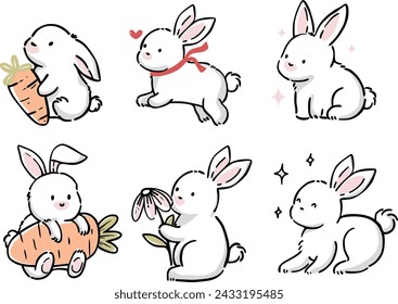 Kawaii Cute Bunny Sticker set Illustration Vector