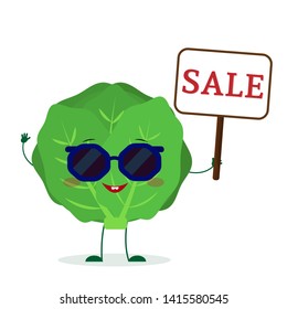 Kawaii cute cabbage vegetable cartoon character in sunglasses holding a sale sign. Logo, template, design. Vector illustration, flat style.