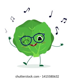 Kawaii cute cabbage vegetable cartoon character in glasses dances to music. Logo, template, design. Vector illustration, a flat style.