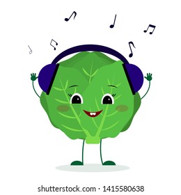 Kawaii cute cabbage vegetable cartoon character in glasses dances to music. Logo, template, design. Vector illustration, a flat style.