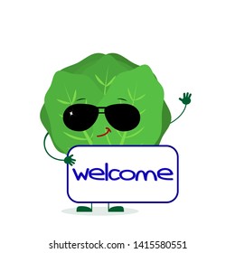 Kawaii cute cabbage vegetable character in sunglasses keeps the signboard welcome. Logo, template, design. Vector illustration, a flat style.