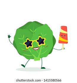 Kawaii cute cabbage vegetable character in sunglasses star in the hands of a colorful ice cream. Logo, template, design. Vector illustration, flat style.