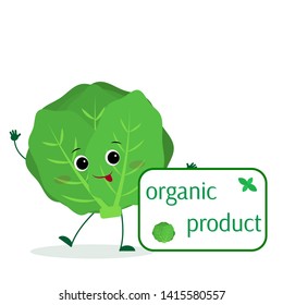 Kawaii cute cabbage vegetablecartoon character holds a plate of organic foods. Logo, template, design. Vector illustration, a flat style.